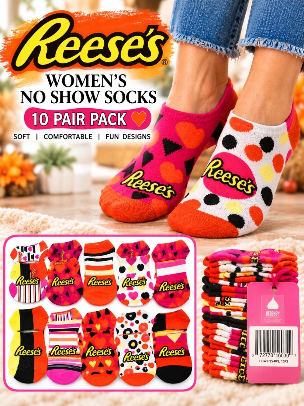Women's No Show Socks - 10 Pair Pack (Pink & Orange)